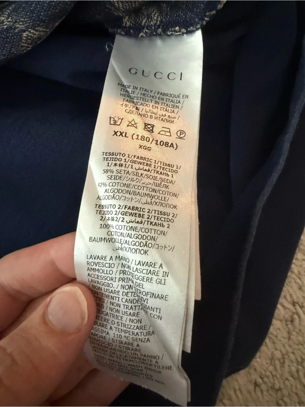 Gucci Beige GG Monogram Polo with Navy Collar & Sleeves